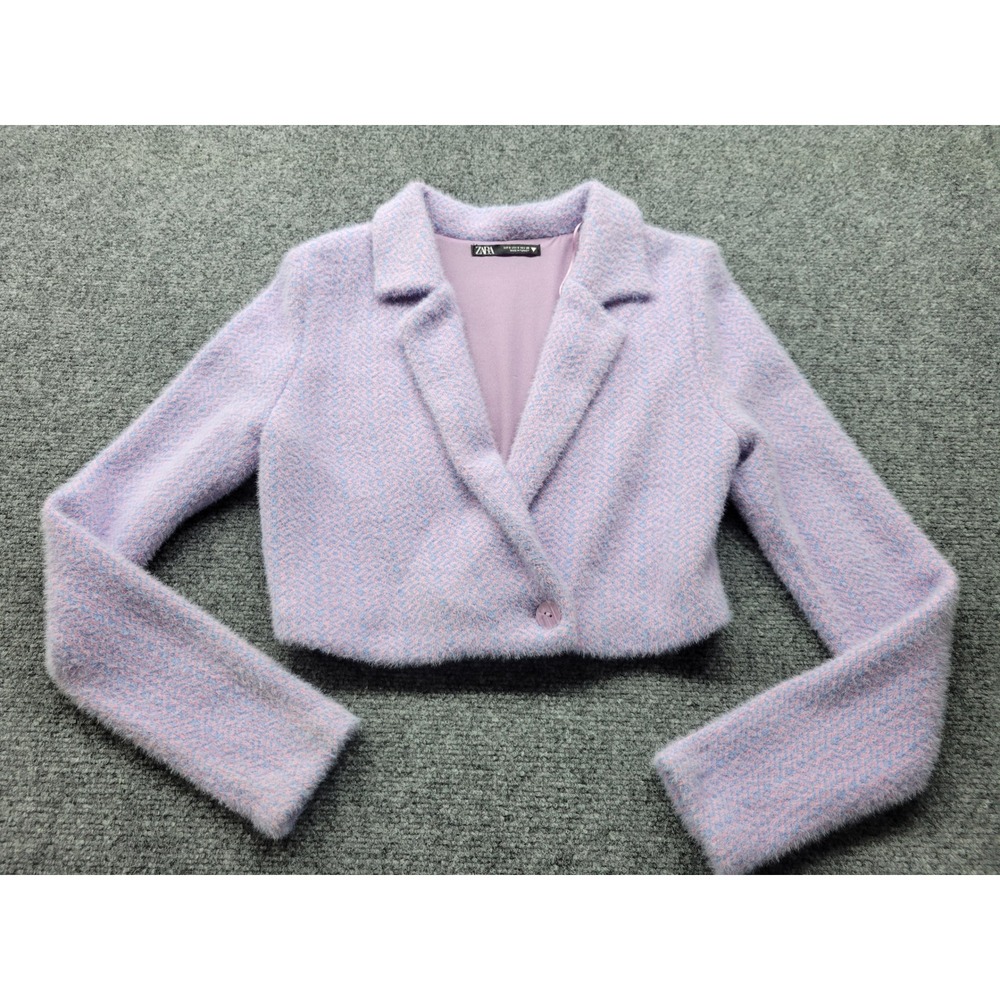 Zara Womens Small Lavender Blue Fuzzy Knit Cropped Blazer Herringbone Jacket